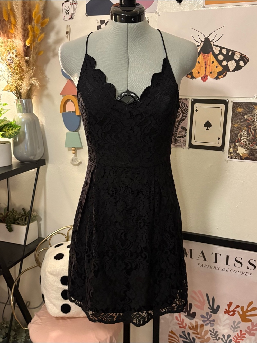 She + Sky Black Lace Scallop Neck Mini Dress NWT